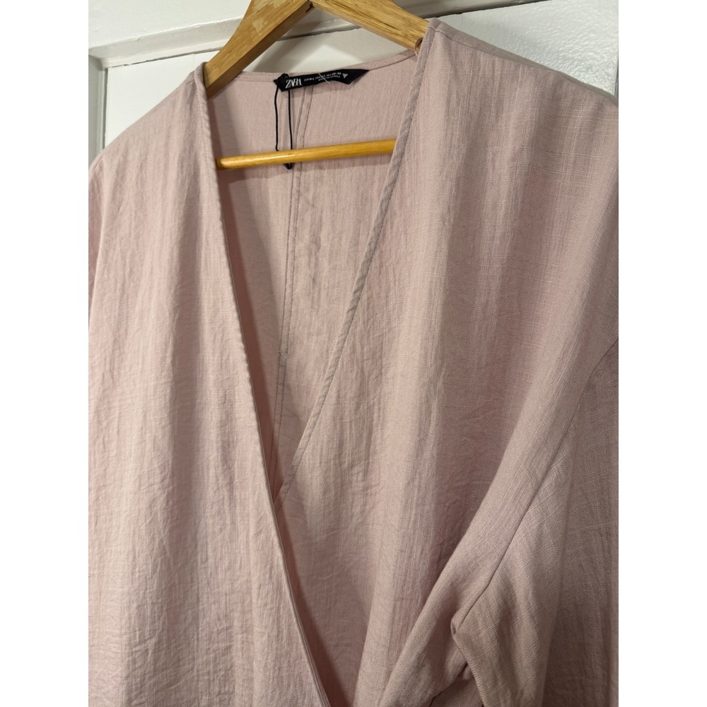 Zara Women Blush Pink Linen Blend Wrap Top Long Sleeve Kimono Style NWOT Medium - Picture 5 of 14